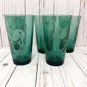 Robert Vavra Vintage Signed Frosted Etched Equestrian Green Glass Tumblers Set 5
